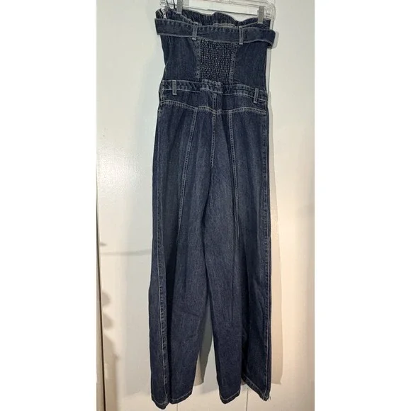 ZARA Women's L Denim Jumpsuit Wide Leg Flare Denim Strapless Buckle Detail - Picture 4 of 9